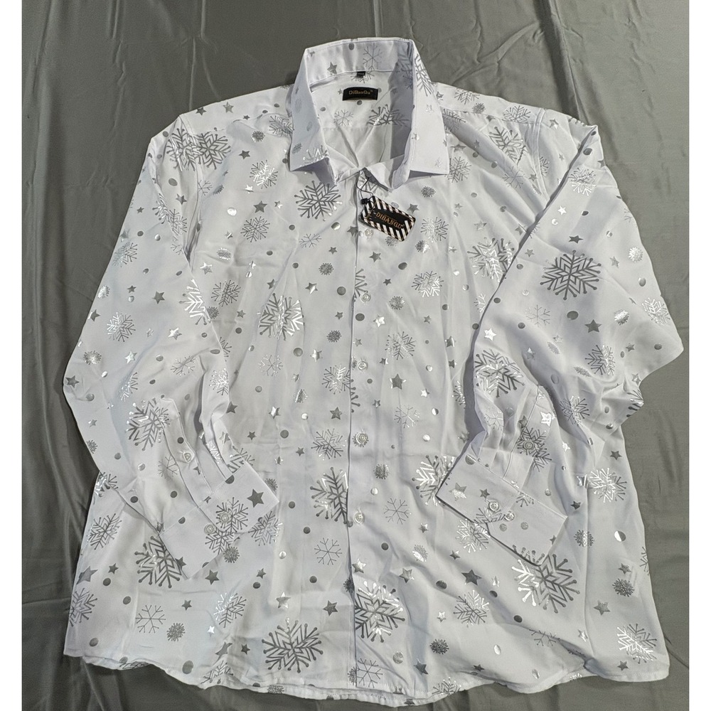 DiBanGu Mens XXXL White Silver Metallic Snowflake Christmas Button Down Shirt